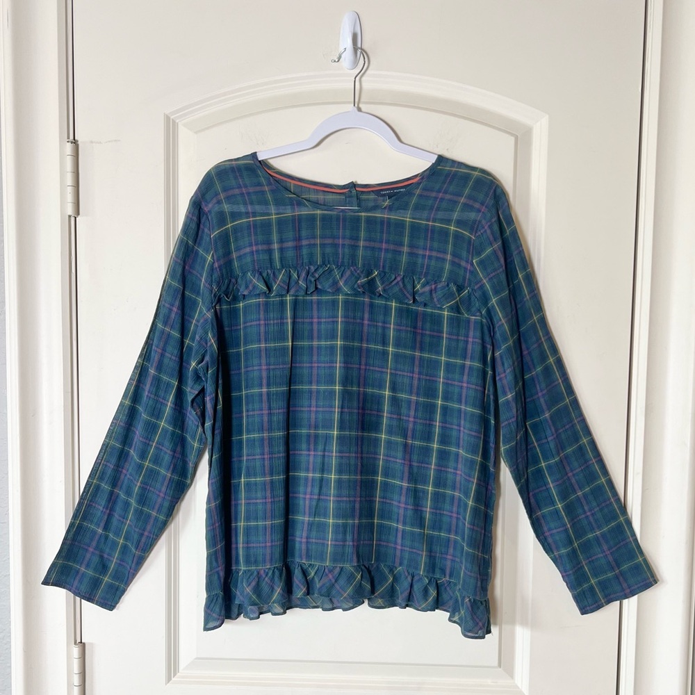 Tommy Hilfiger Plaid Ruffle Blouse XL Blue Green Lavender Lightweight Top